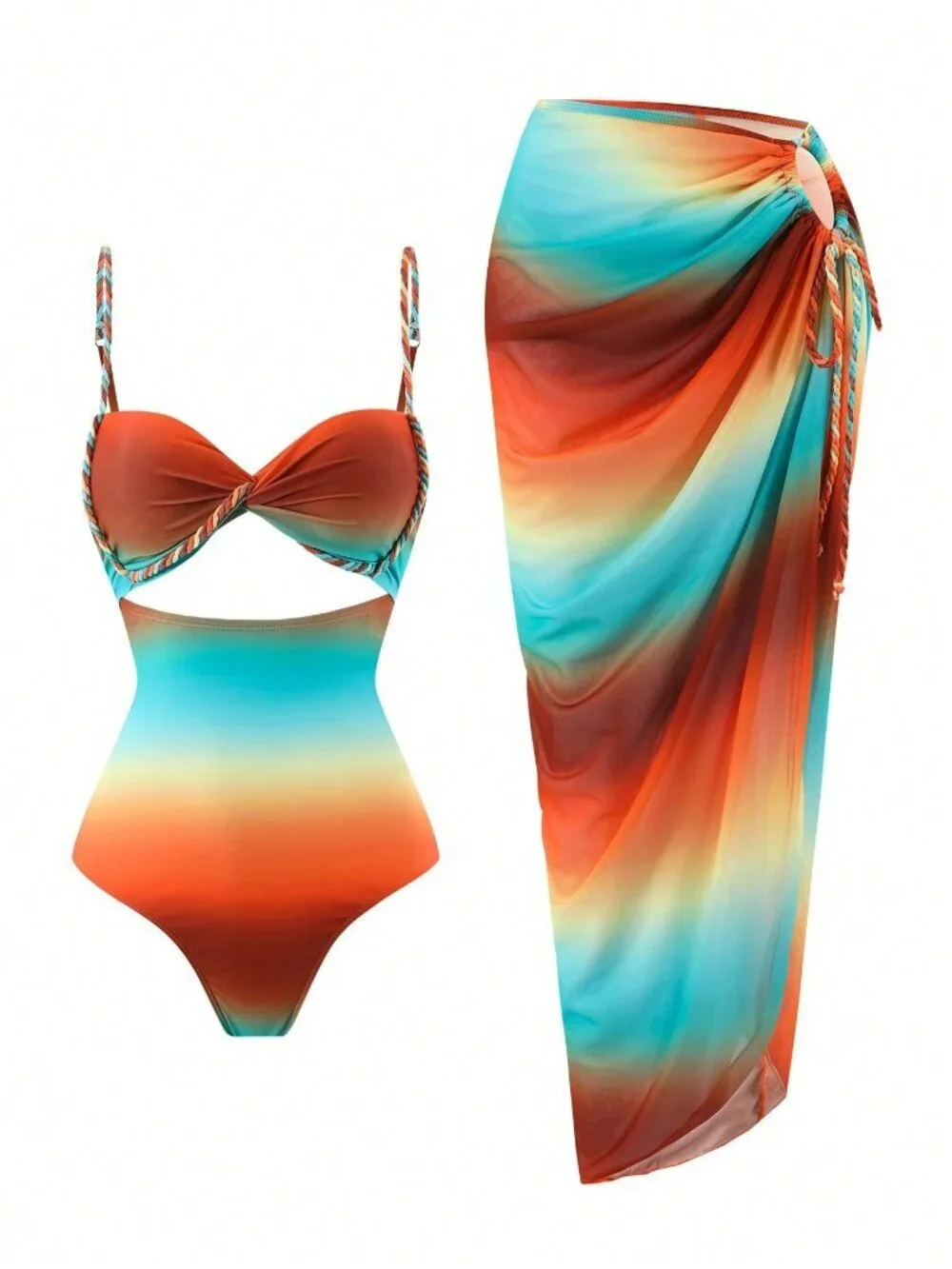Multicolor Boho Women's Rope Strap one piece swimsuit with matching coverup
